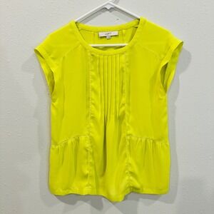 LOFT Women's Bright‎ Yellow Pleated Peplum Top Short Sleeve Casual - Size Small